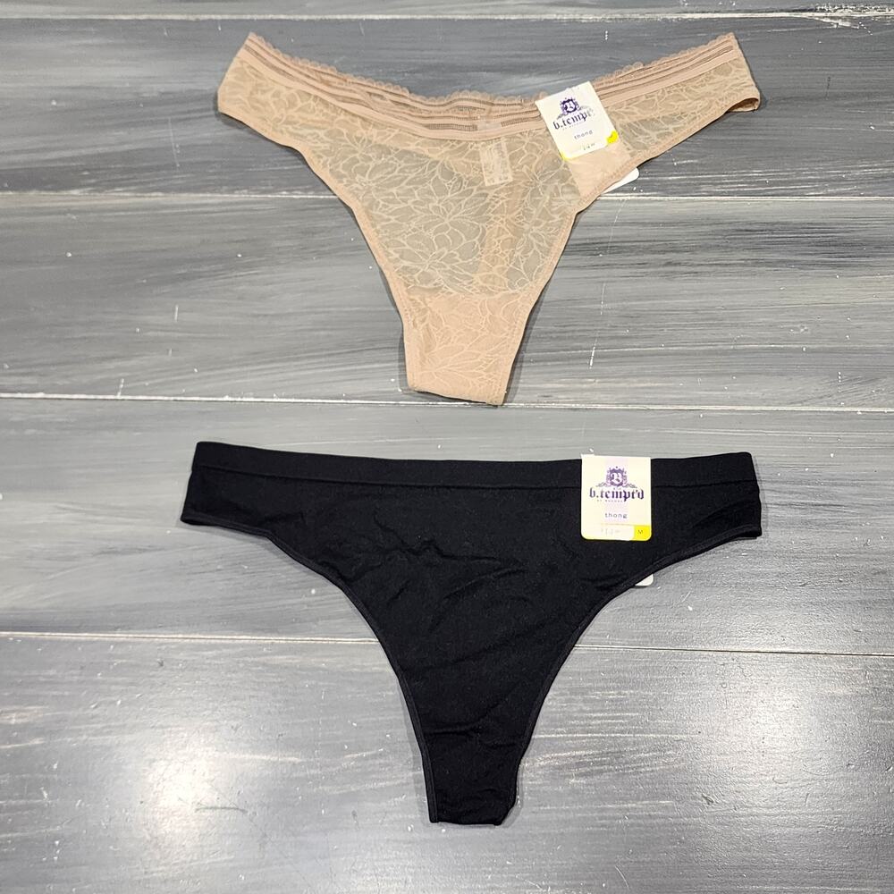 B.tempt'd Thong Underwear Panties Black Beige Lace‎ Size Medium